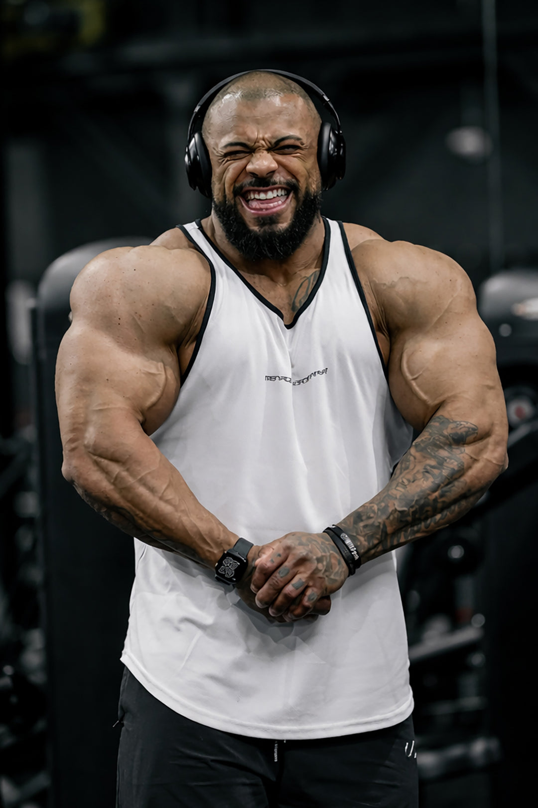 Fast-Dry Bodybuilding Workout Stringer - White w/ Navy Menace