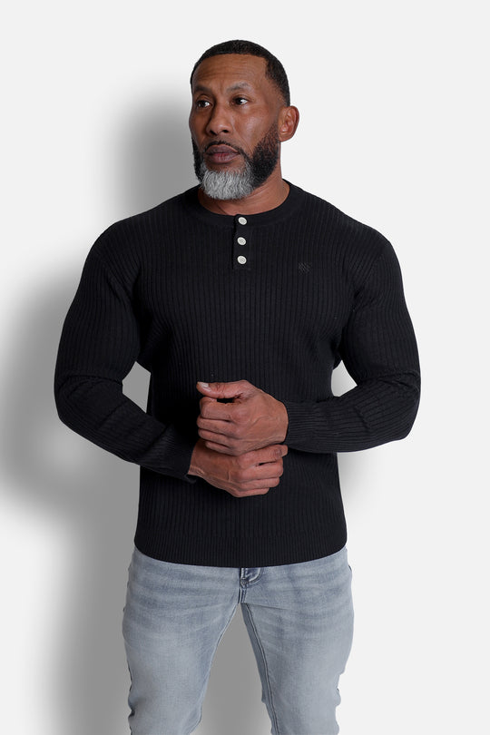 Ribbed Henley Collar Longsleeve  - Black