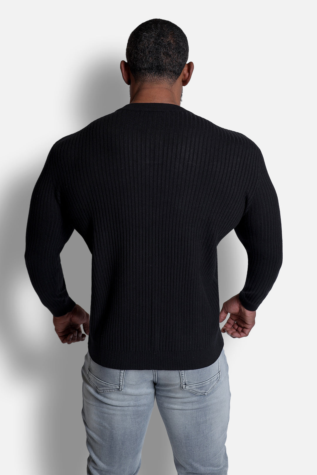 Ribbed Henley Collar Longsleeve  - Black