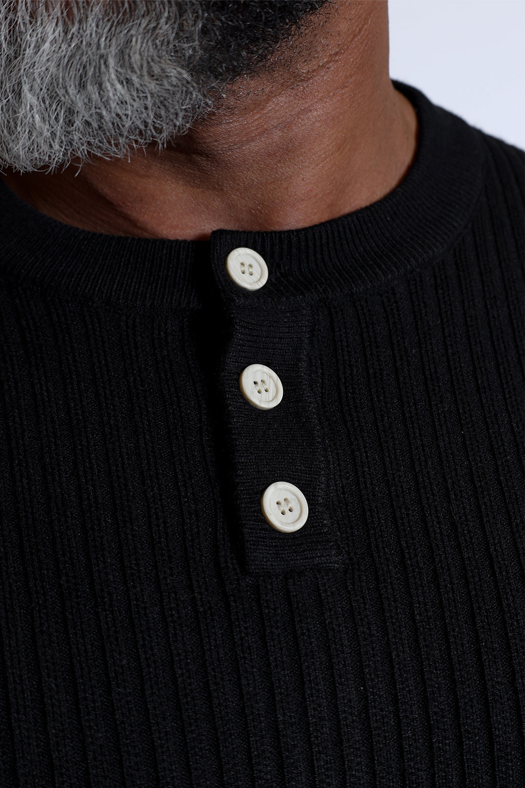 Ribbed Henley Collar Longsleeve  - Black