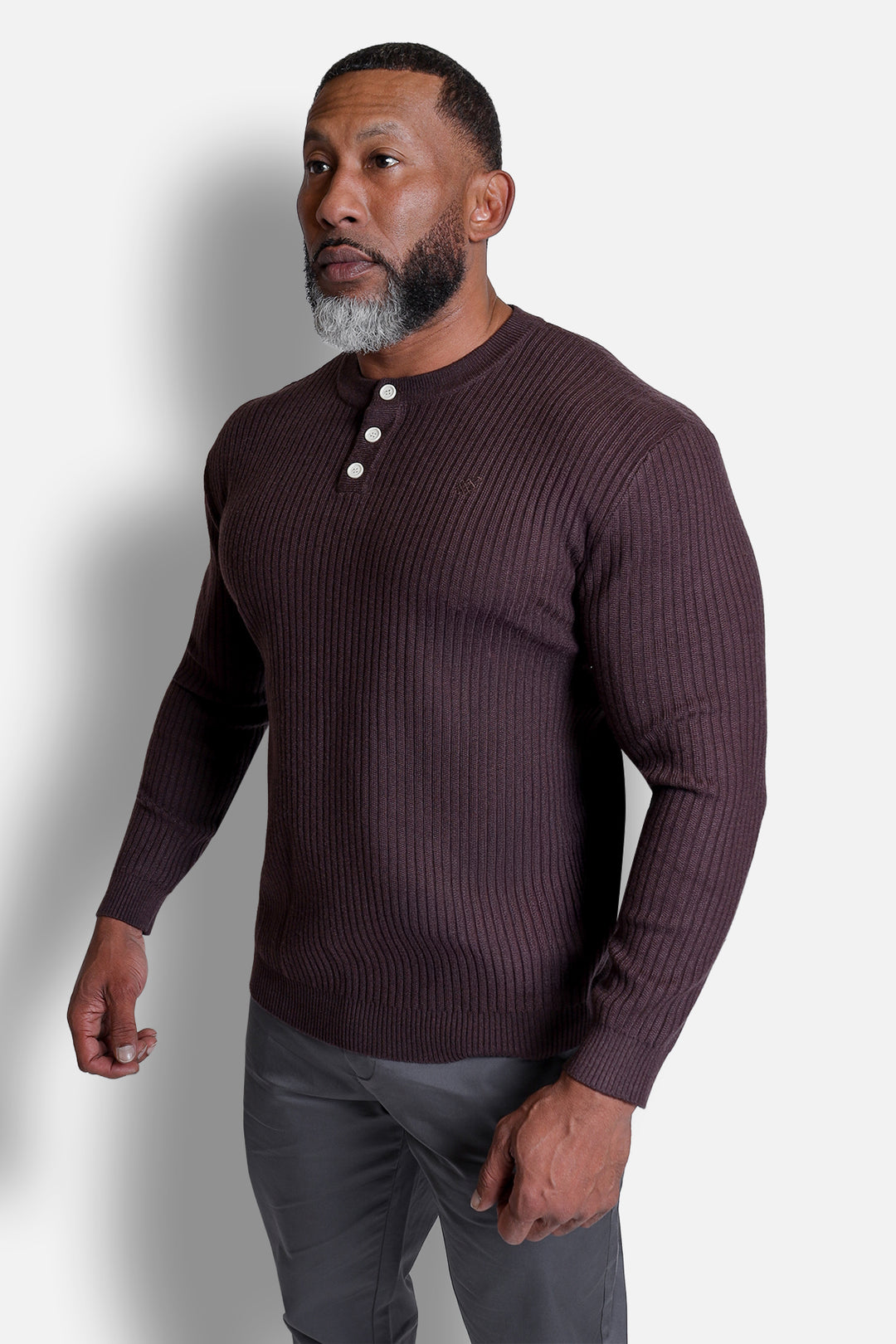 Ribbed Henley Collar Longsleeve  - Brown