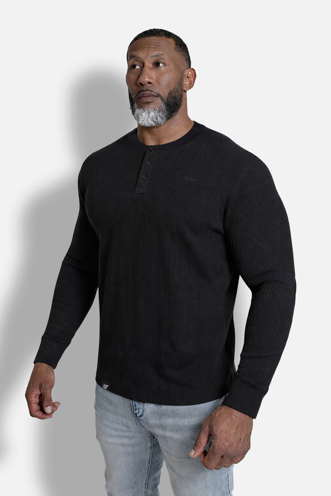 Waffle Knit Henley Long Sleeve T-Shirt - Black