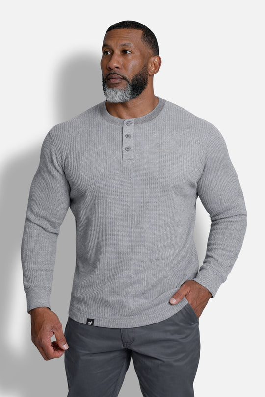 Waffle Knit Henley Long Sleeve T-Shirt - Dark Gray
